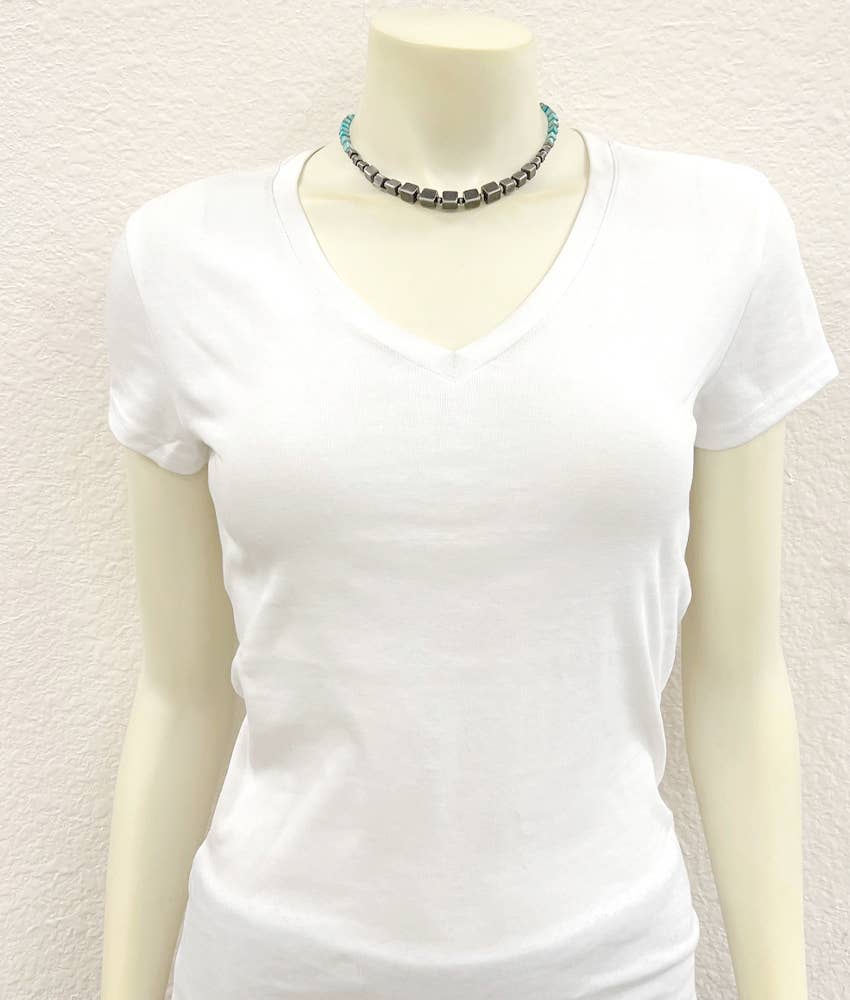 Handmade Square Gemstone And Navajo Bead Necklace 15 To 20 Inches Long Silver Elegant