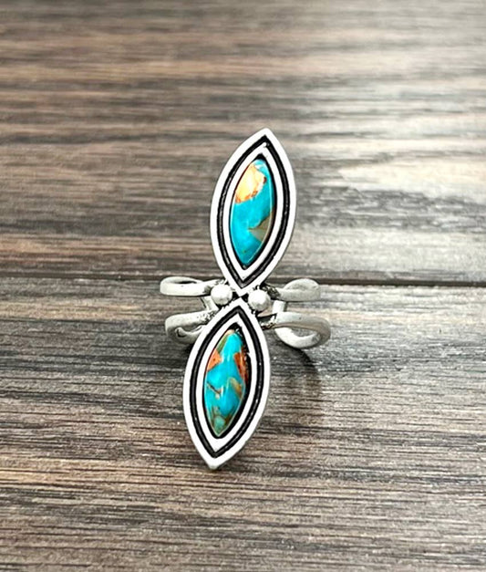 Gemstone Southwestern Boho  Adjustable Statement Ring with Unique Brass Band Silver Elegant