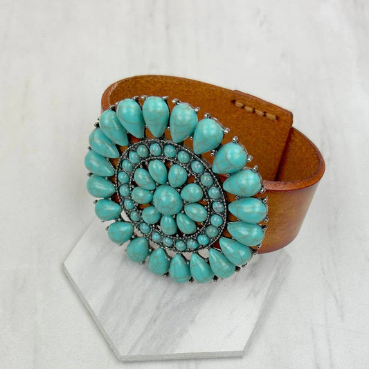 Brown Leather Concho Bracelet With Large Blue Turquoise Stone Western Style Accessory WildWestBoho