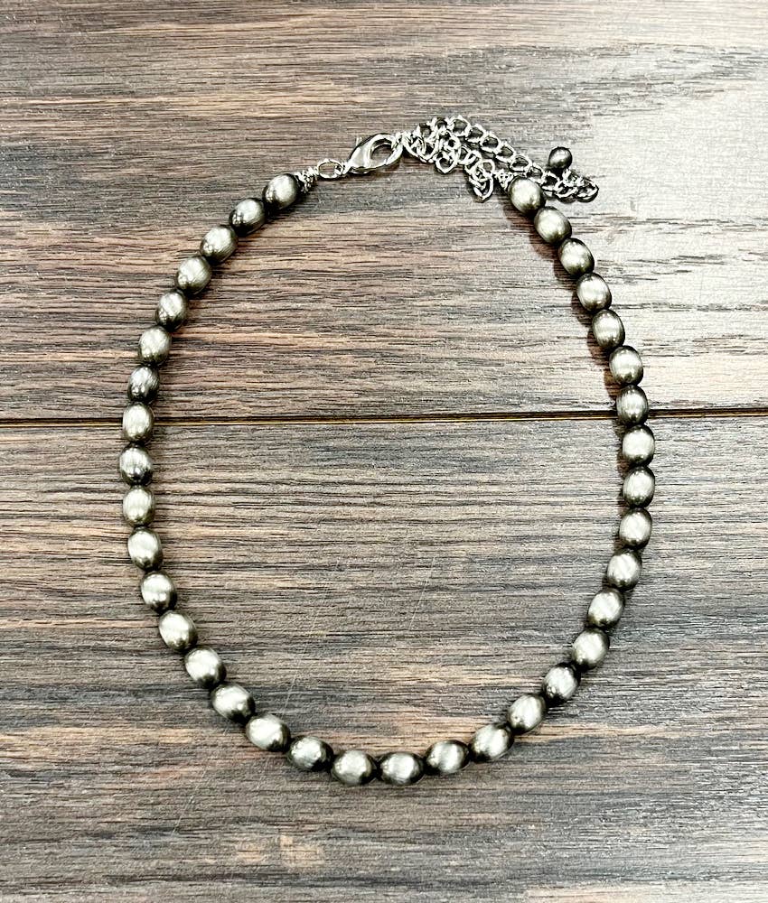 Handmade Oval Navajo Style Silver Tone Bead Necklace With 10mm Beads Wild West Boho