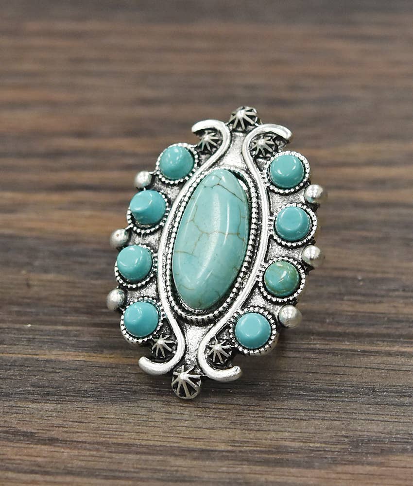 Turquoise Adjustable Statement Cuff Ring with Brass Dual Band, Boho Southwestern Style Ring Silver Elegant