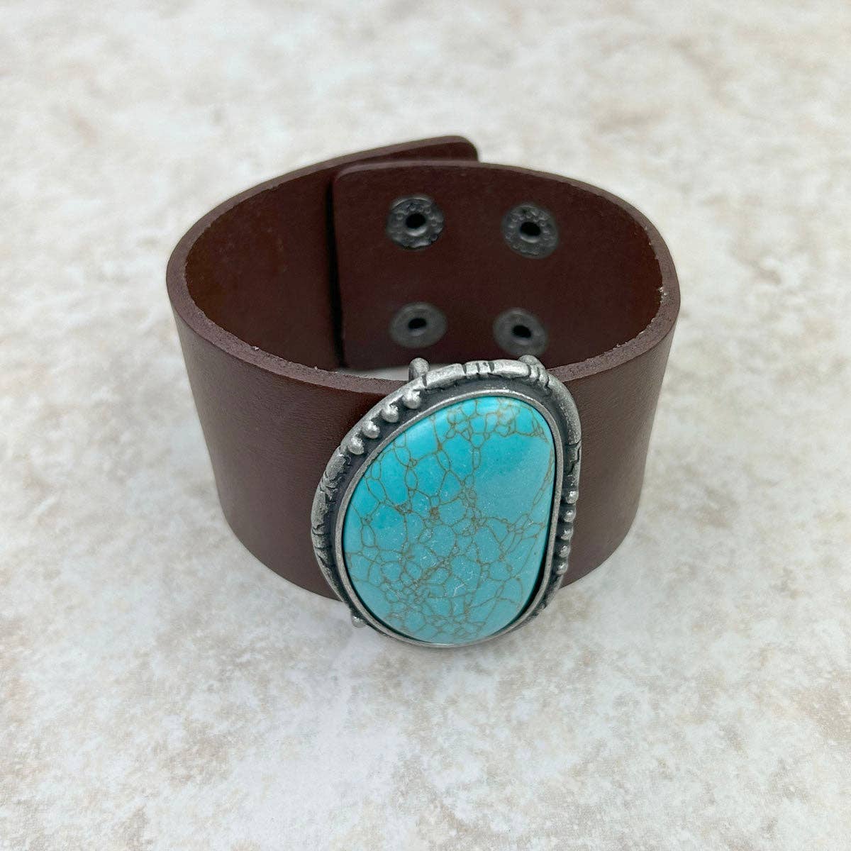 Turquoise Stone Dark Brown Leather Cuff Bracelet Handcrafted Boho Style For Everyday Wear WildWestBoho