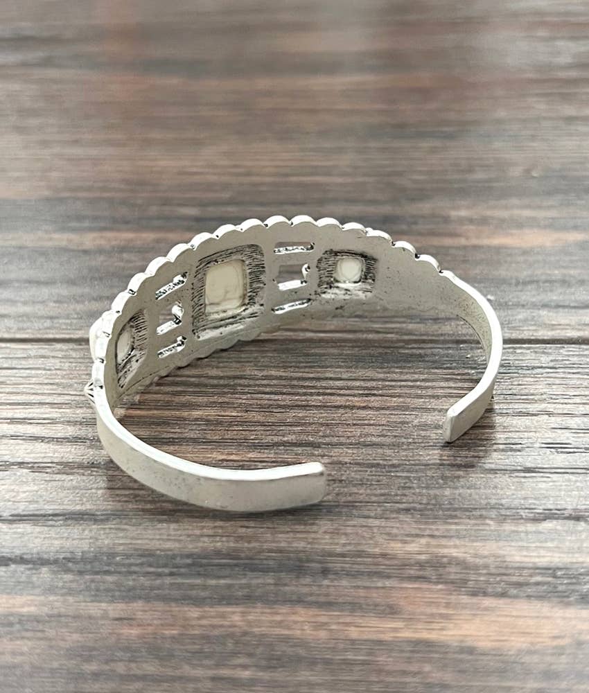White Turquoise Natural Stone Cuff Bracelet With Antique Silver Plate Silver Elegant