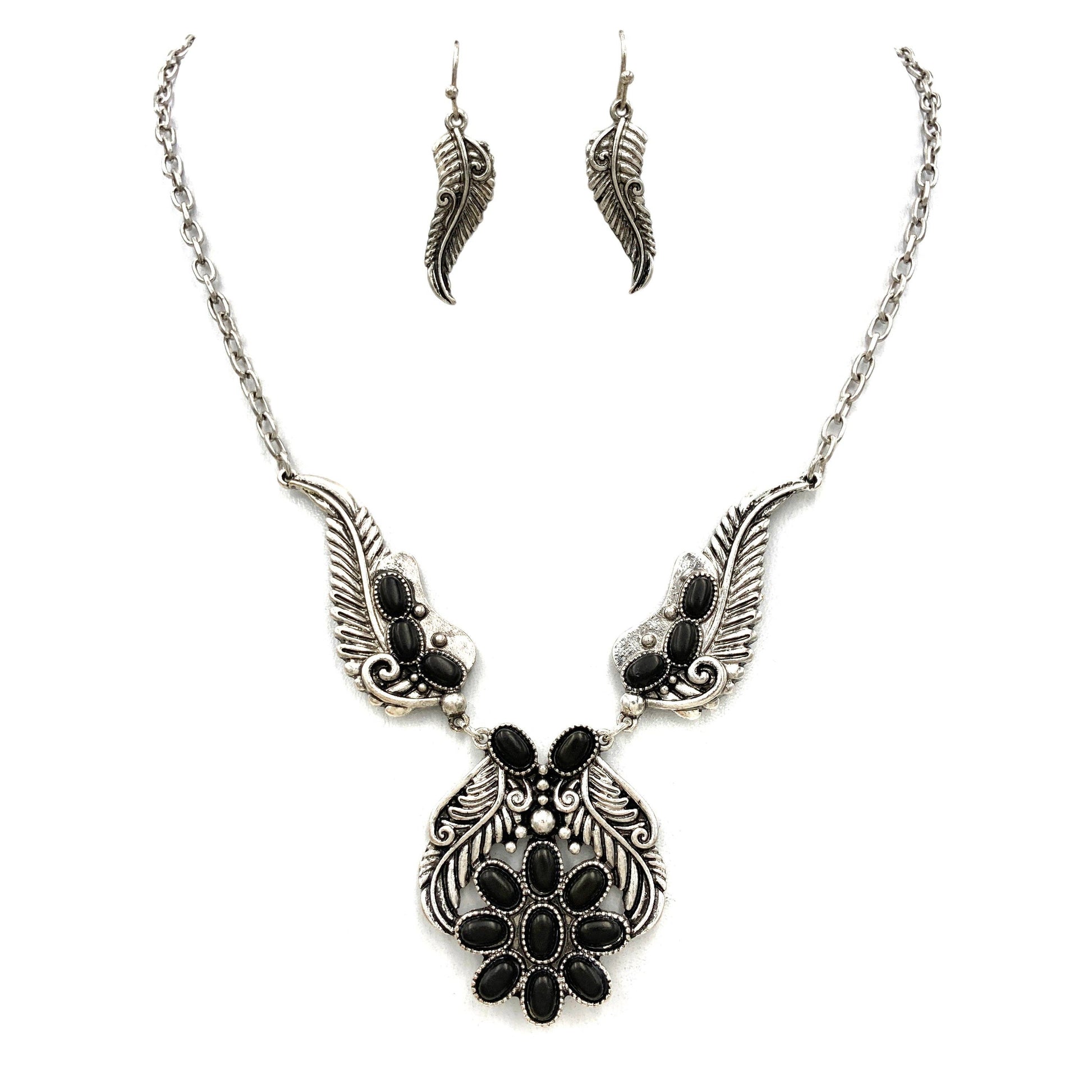 Bohemian Willow Leaf Turquoise Cabochon Jewelry Set: Necklace & Earrings - Silver Elegant