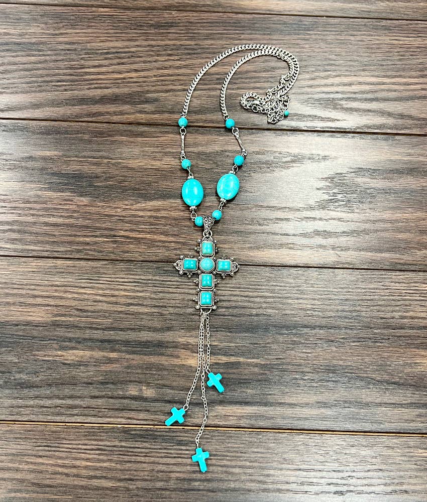 Turquoise Religion Cross Necklace With Tassel Extender 26 To 31 In Silver Elegant