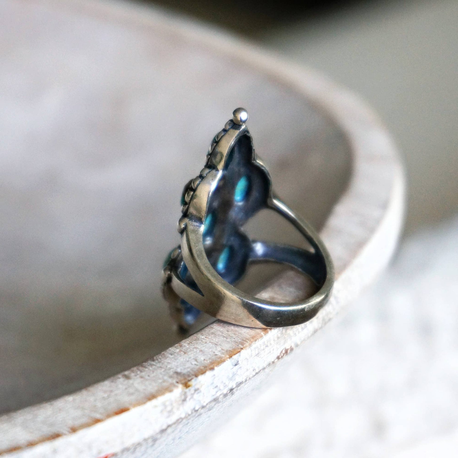 Native Inspired Turquoise Elegance: Adjustable Antique Sterling Silver Ring, Gift Box Silver Elegant