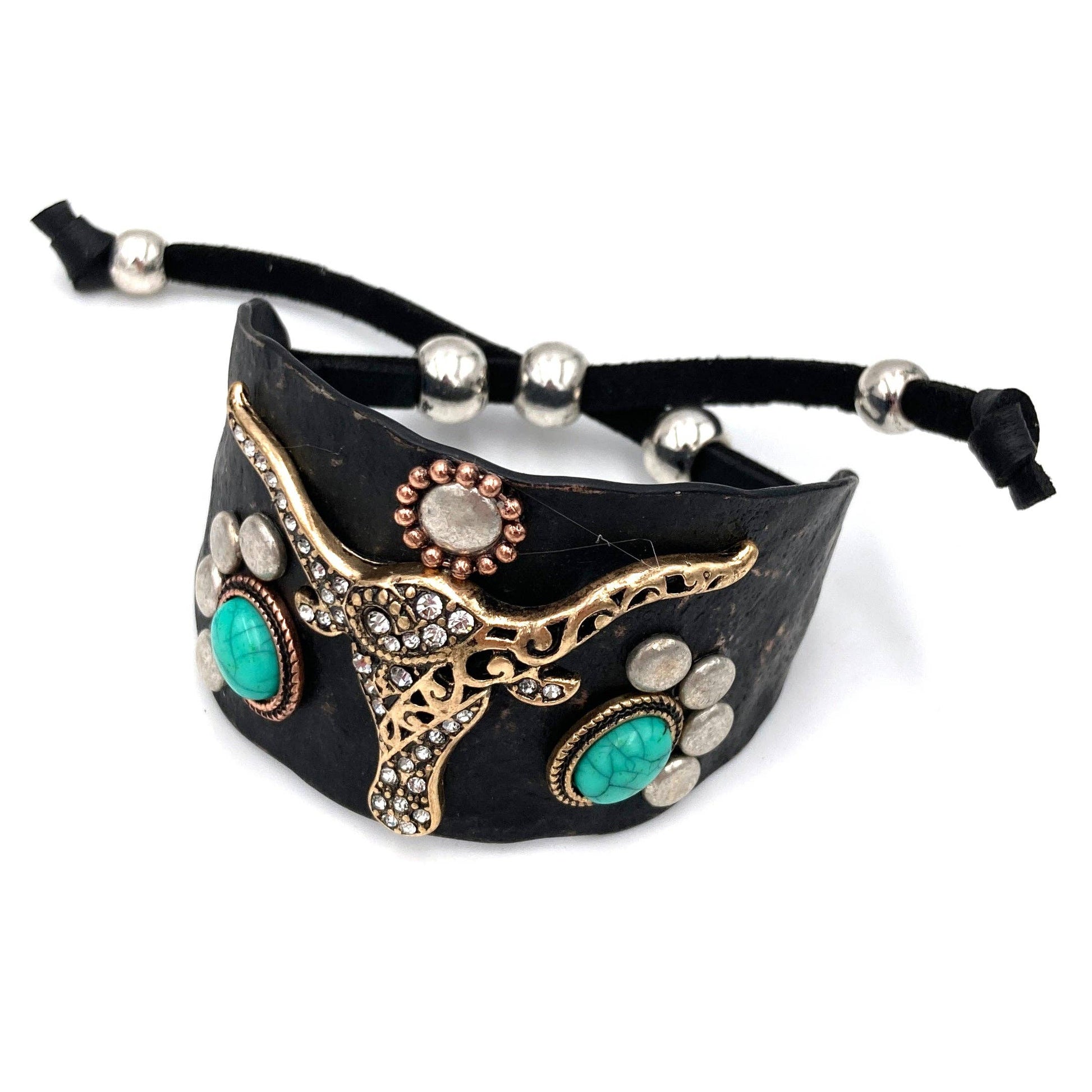 Longhorn Turquoise Western Cuff Bracelet with Adjustable Leather Straps Silver Elegant