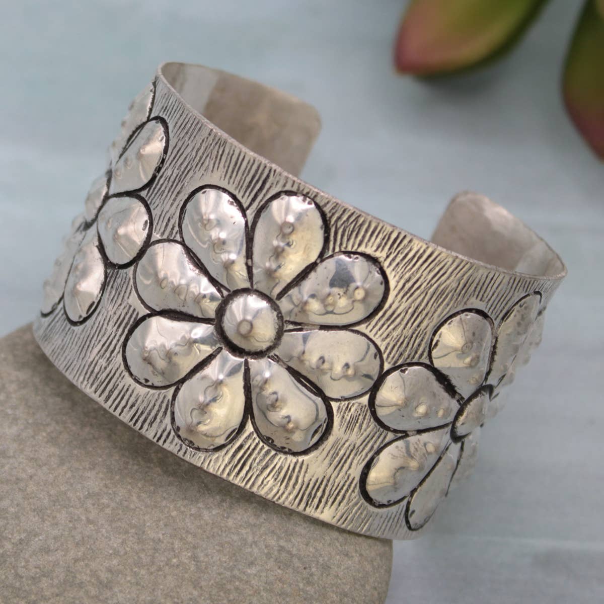 Southwest Flower Cuff Silver Bracelet Boho Wide Embossed Design Wild West Boho