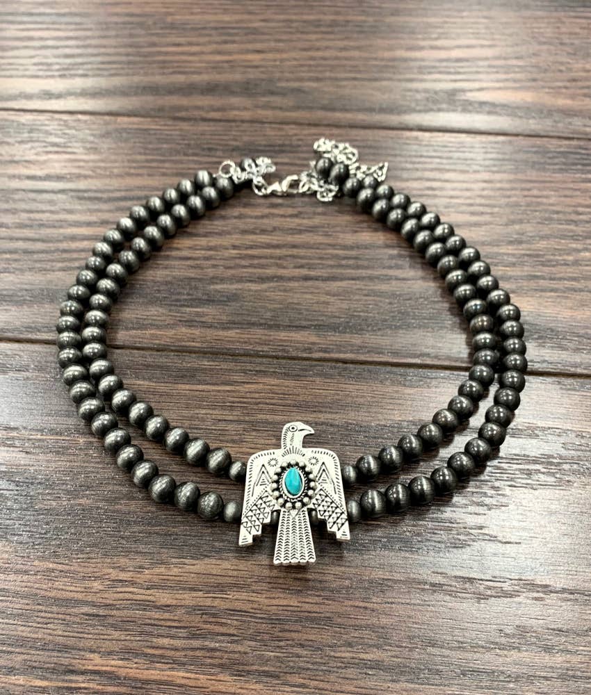 Handmade Navajo Faux Pearl Bead Thunderbird Necklace, Turquoise 16 Inch Two Strand Design Silver Elegant
