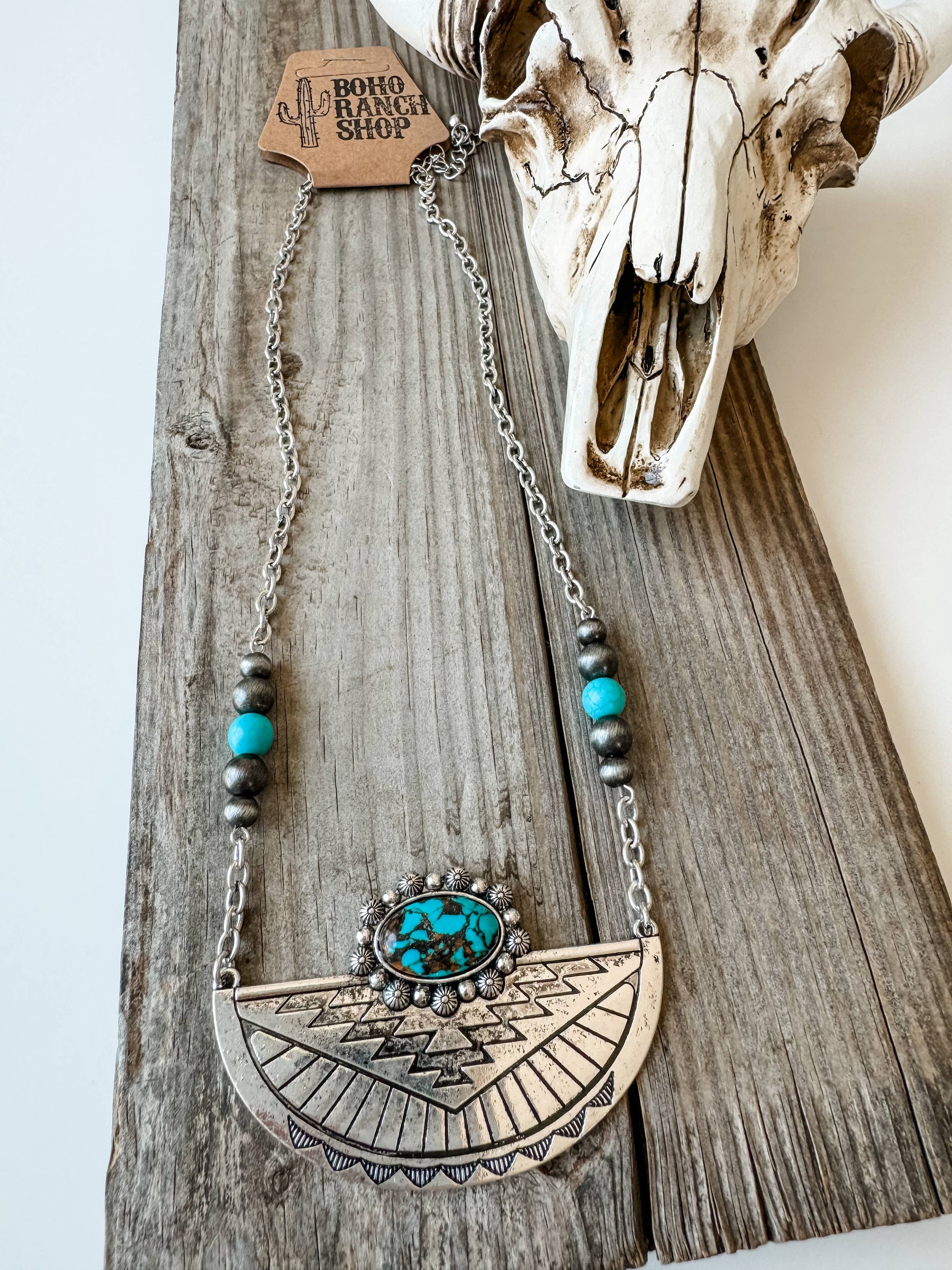 Western Aztec Style Turquoise Stone Pendant Necklace with Burnished Silver and Extension Chain WildWestBoho