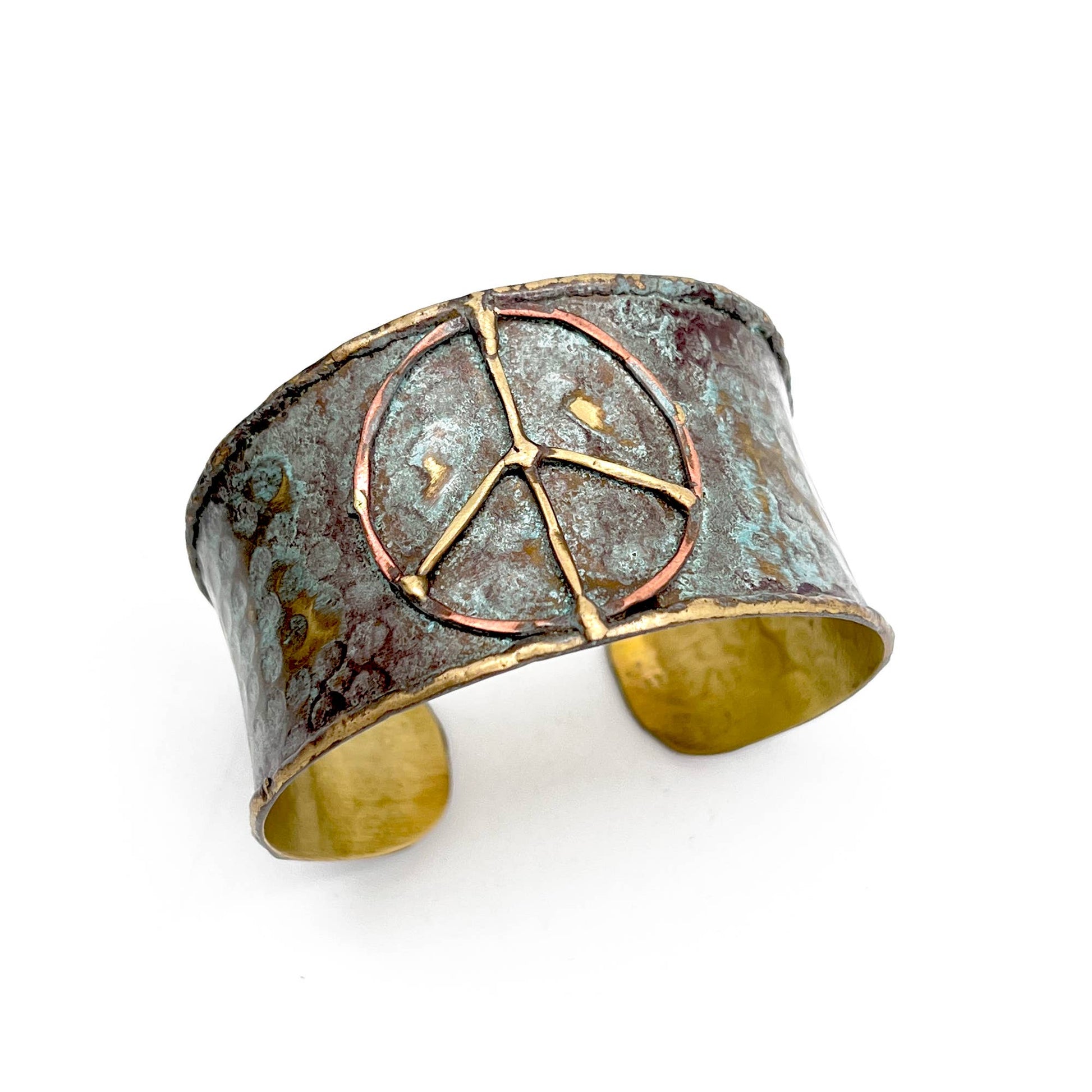 Handcrafted Brass Patina Cuff Bracelet With Rustic Blue Peace Sign Silver Elegant