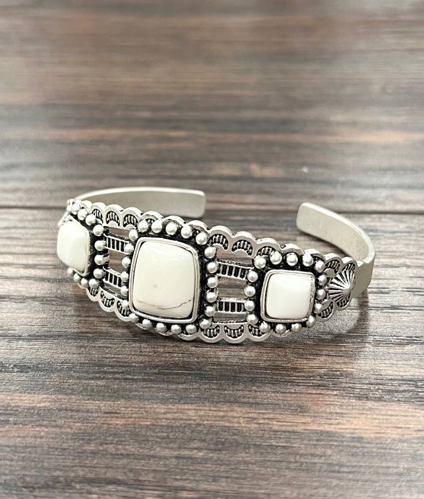 White Turquoise Natural Stone Cuff Bracelet With Antique Silver Plate Silver Elegant