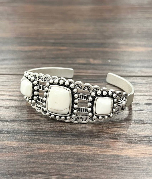 White Turquoise Natural Stone Cuff Bracelet With Antique Silver Plate Silver Elegant