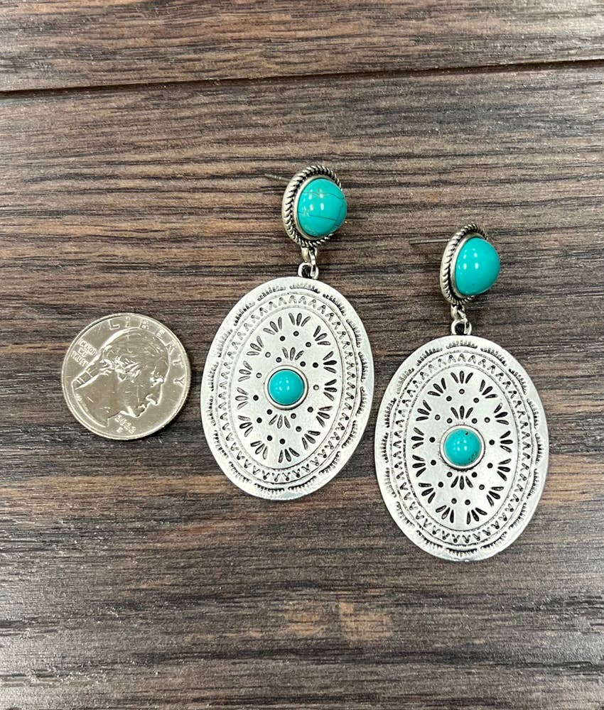 Concho Turquoise Post Earrings Two Point Five Inch Silver Silver Elegant