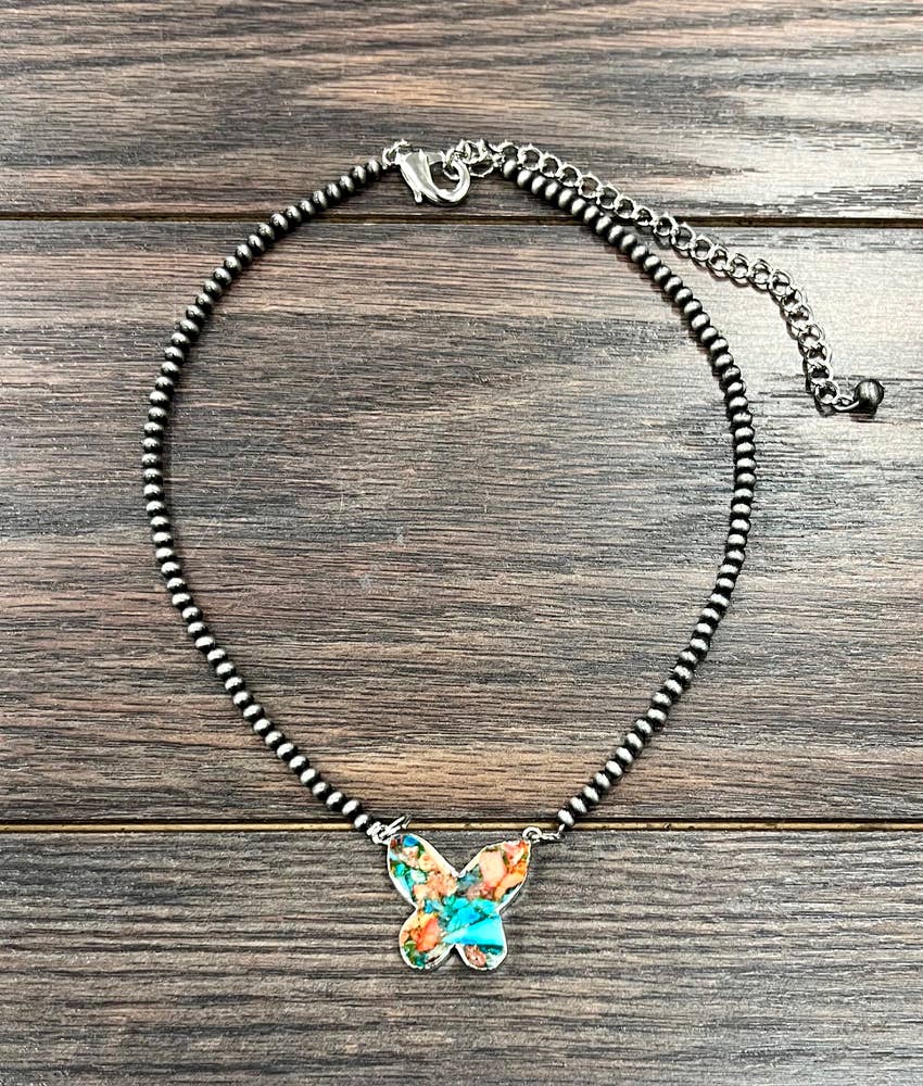 Navajo Butterfly Bezel Gemstone Necklace 15 To 20 Inches Silver Elegant