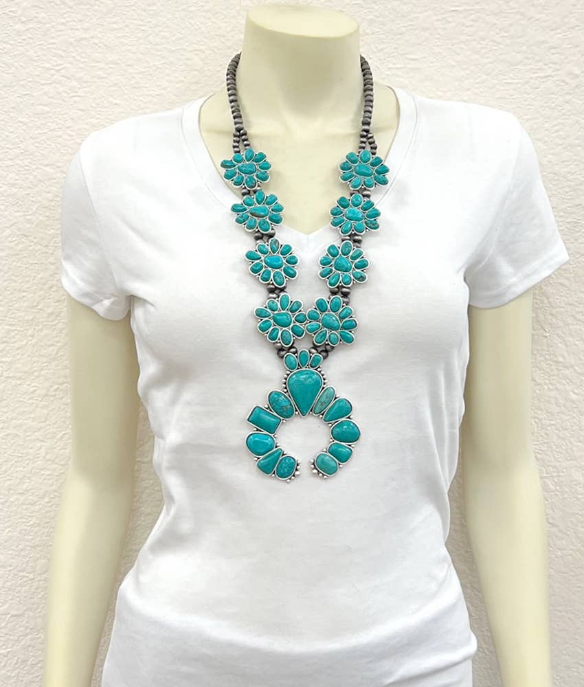Handmade Squash Blossom Pearl Turquoise Necklace 30 Inch Long Silver Elegant
