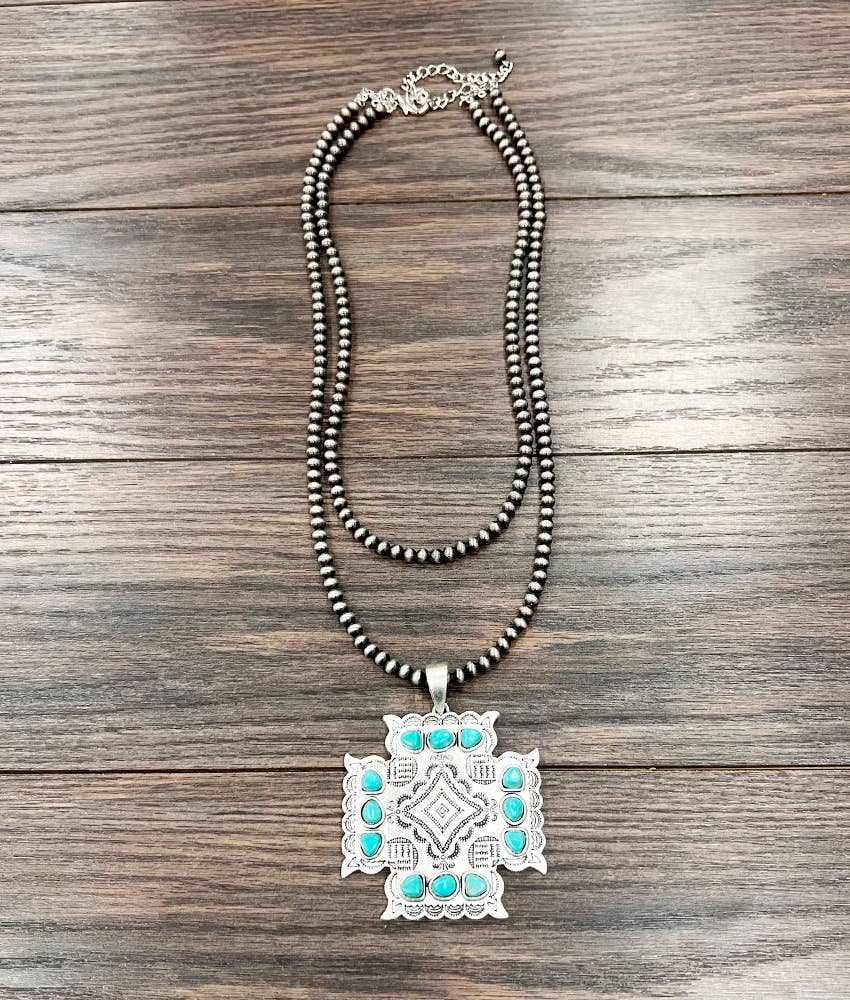 Aztec Turquoise Two Strand Necklace 24 Inch Handmade Silver Elegant