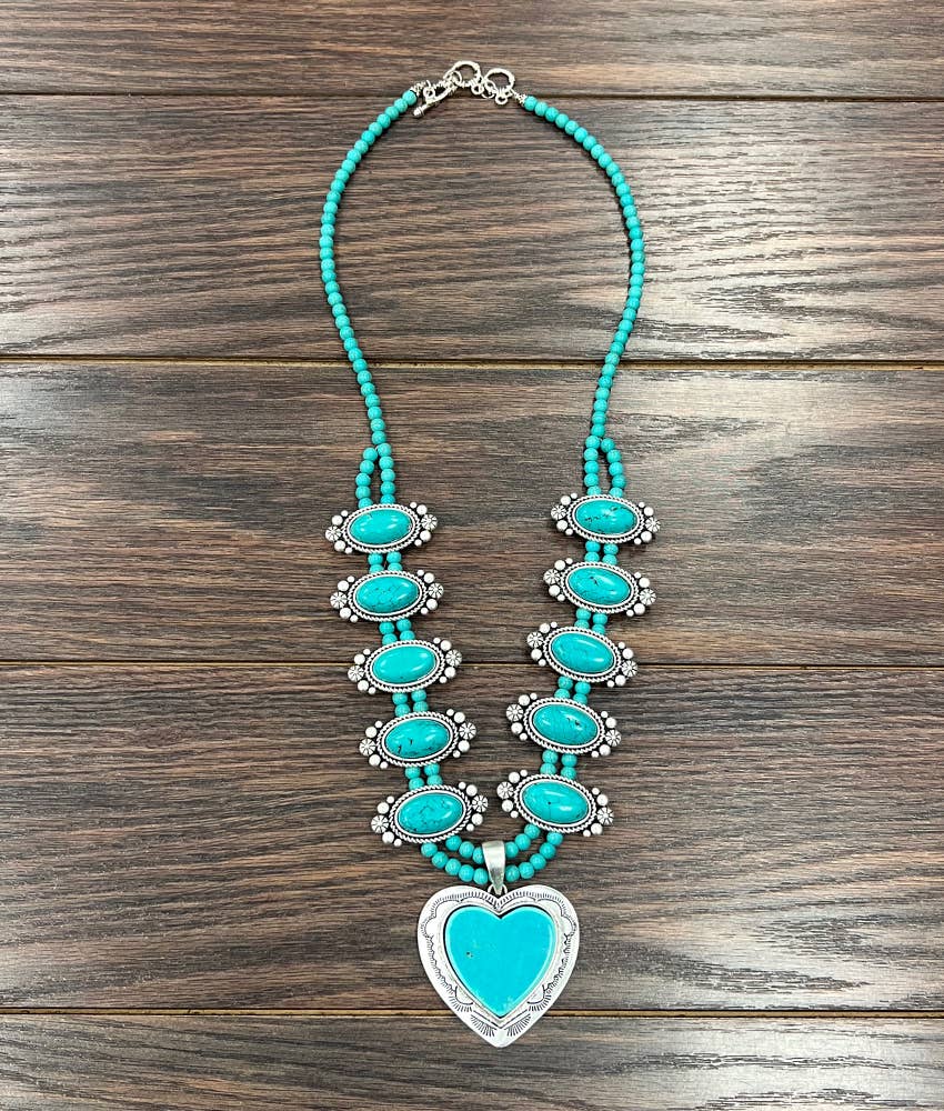 Squash Blossom Turquoise Necklace 30 Inch Long 2.5 Inch Pendant Silver Elegant
