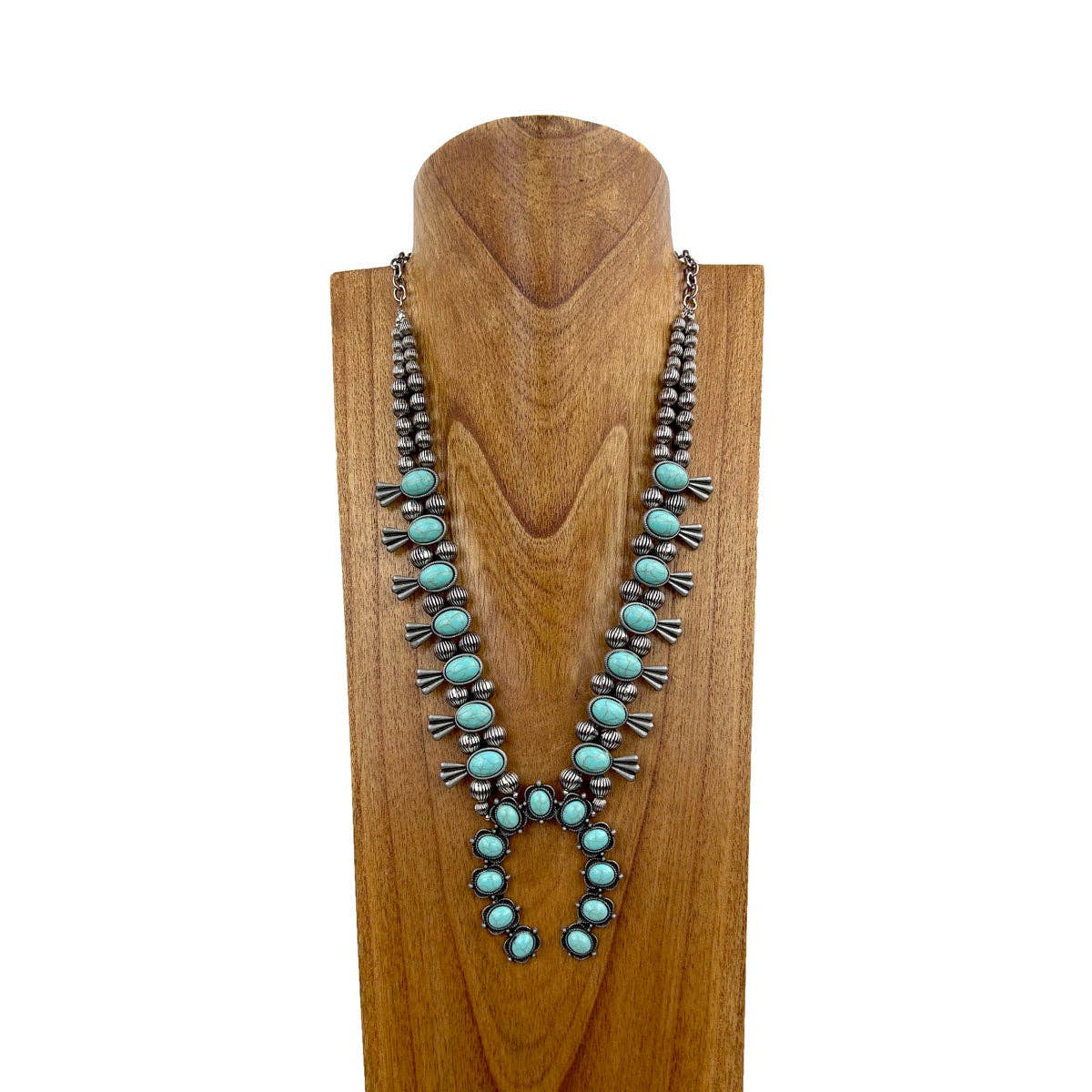 Blue Turquoise Stone Squash Blossom Necklace, Faux Silver Pearl Beads Wild West Boho