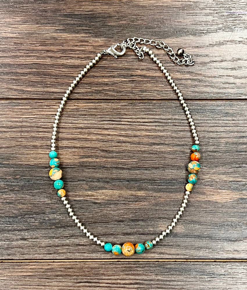 Handmade Silver Navajo Style Clustered Gemstone Necklace 15 to 20 Inches Silver Elegant