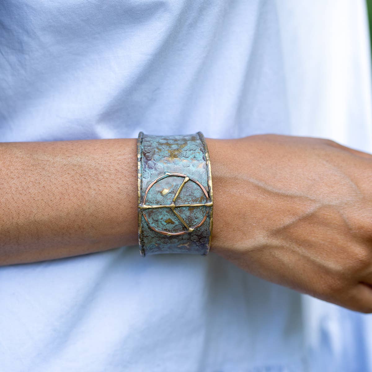 Handcrafted Brass Patina Cuff Bracelet With Rustic Blue Peace Sign Silver Elegant