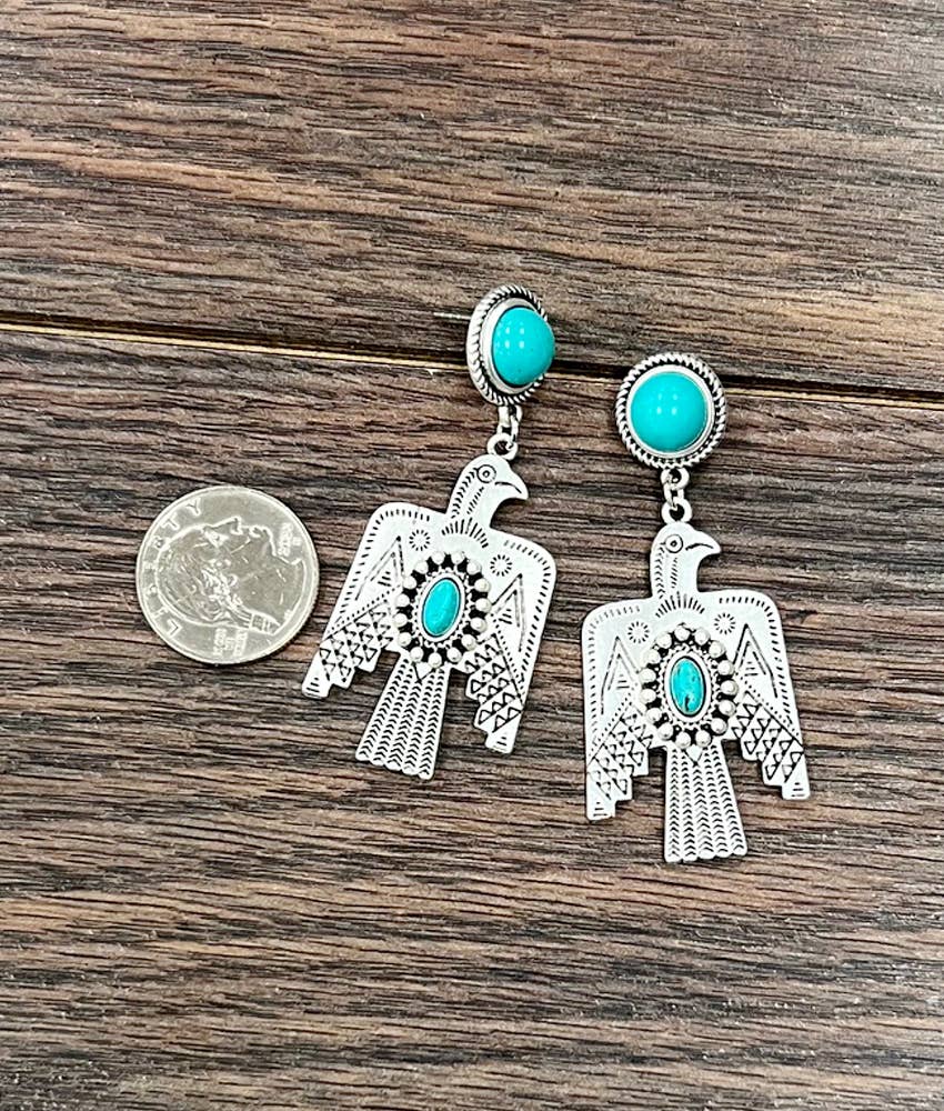 Thunderbird Turquoise 2.5 Inch Long Post Earrings in Antique Silver Finish Silver Elegant