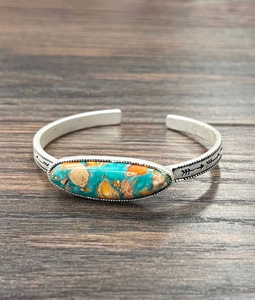 Natural Gemstone Cuff Bracelet C Shaped Antique Plate Silver Elegant