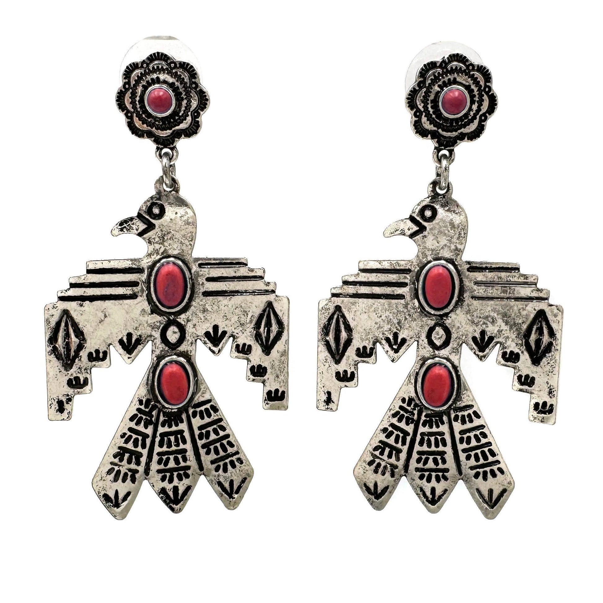 Metal Native Thunderbird Post Dangle Earrings in Red Silver Elegant