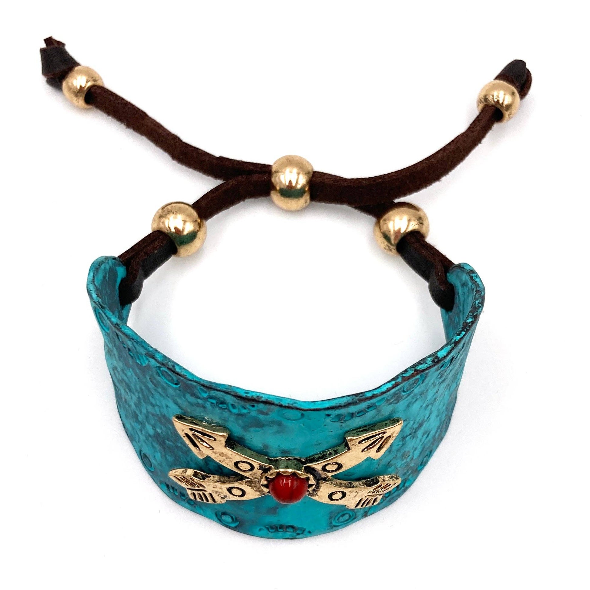 Native Cross Arrow Red Stone Western Bracelet Cuff with Adjustable Leather Straps Silver Elegant