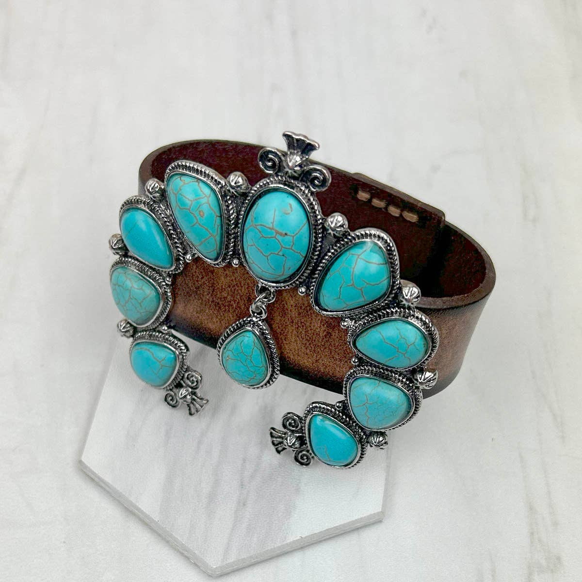 Brown Leather Bracelet with Large Blue Turquoise Blossom Design WildWestBoho
