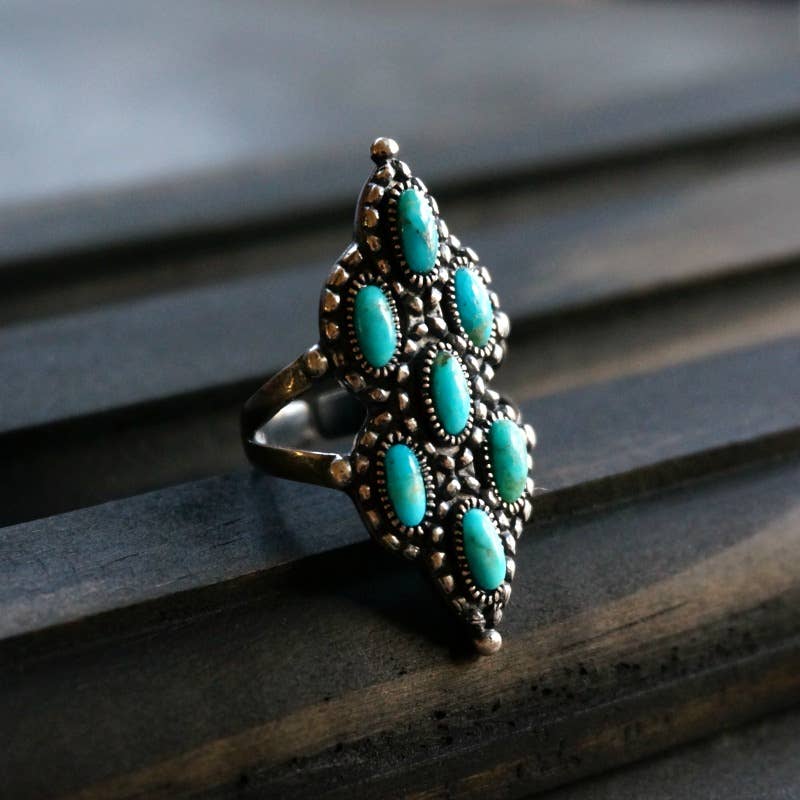 Native Inspired Turquoise Elegance: Adjustable Antique Sterling Silver Ring, Gift Box Silver Elegant