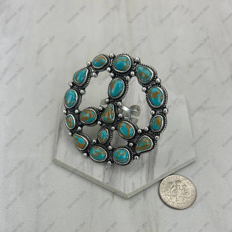 Hippie Peace Ring Faux Turquoise Peace Sign Ring With Silver Metal Wild West Boho