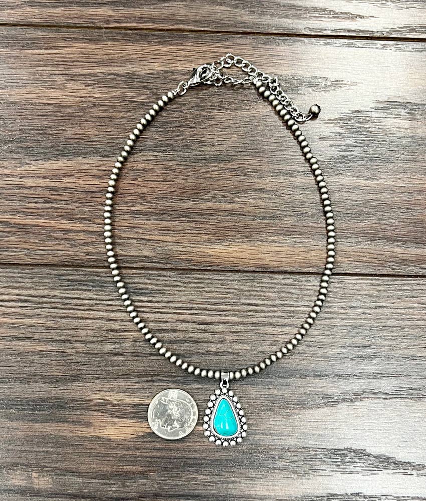 Handmade Navajo Style Turquoise Necklace With Tiny 4mm Beads And 1.3 Inch Pendant Wild West Boho