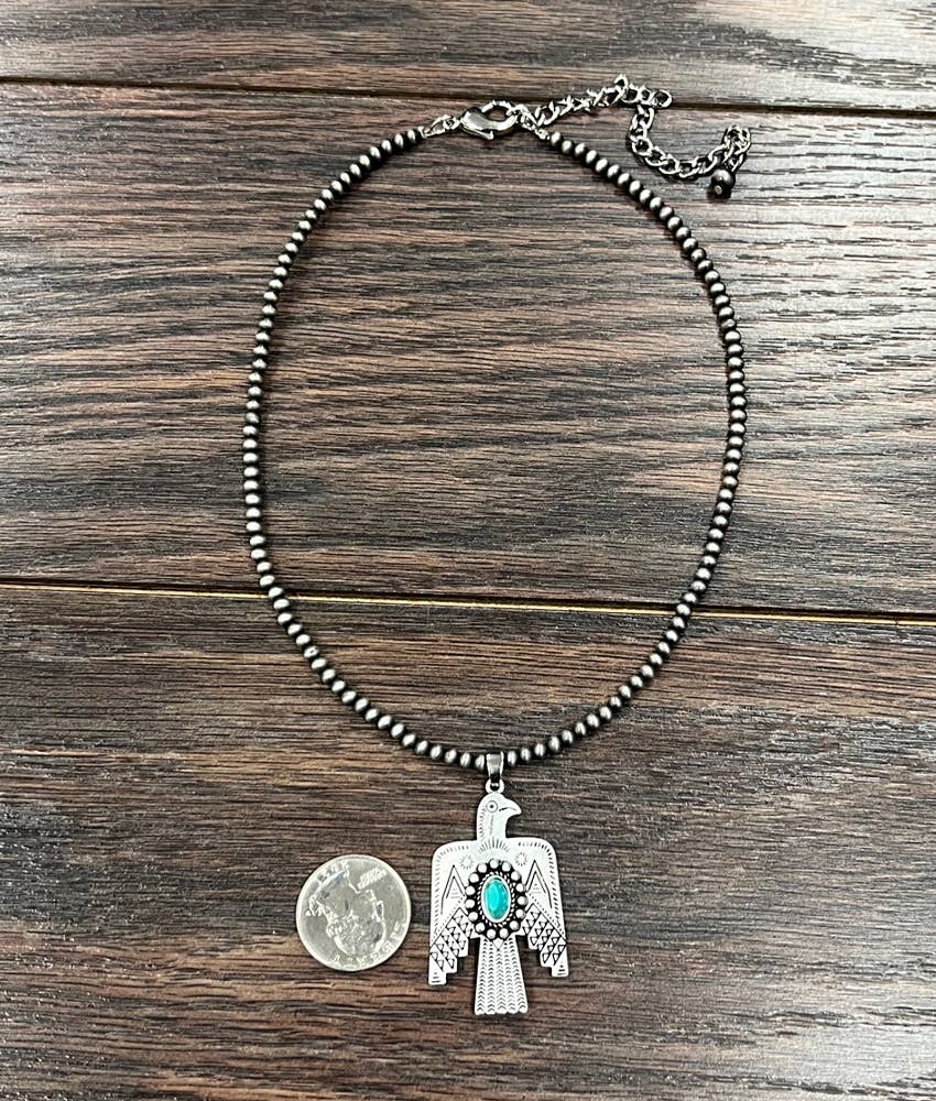 Navajo Style Thunderbird Turquoise 4mm Beaded Silver Tone Pendant Necklace Silver Elegant
