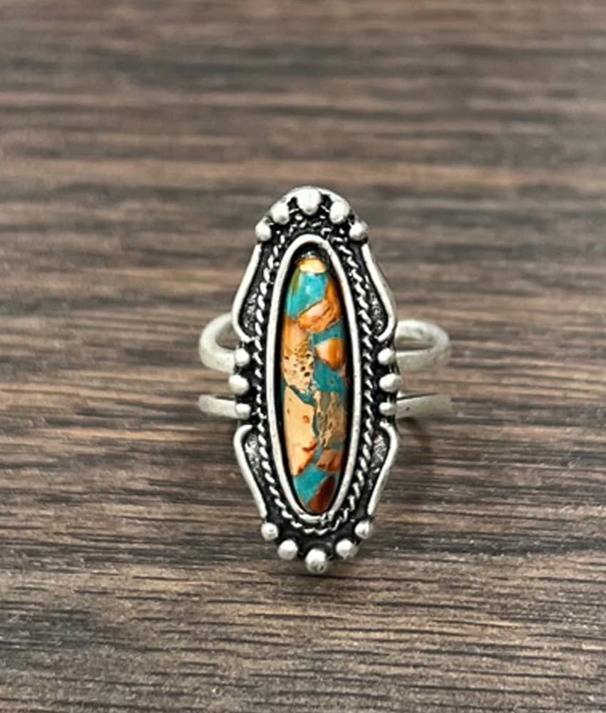 Southwestern Gemstone Adjustable Statement Cuff Ring with Brass Dual Band Silver Elegant