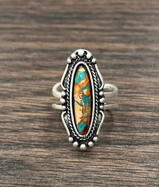 Southwestern Gemstone Adjustable Statement Cuff Ring with Brass Dual Band Silver Elegant