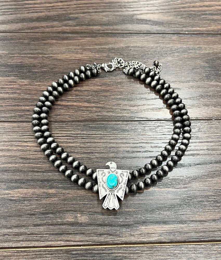 Handmade Navajo Style Bead Thunderbird Turquoise Choker Necklace 16 Inch 2 Strand Wild West Boho
