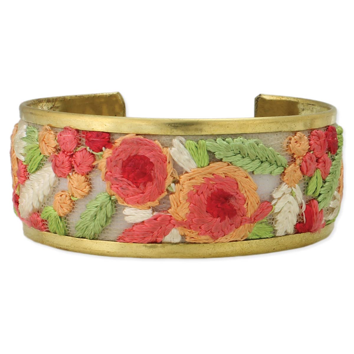 Cottage Craft Floral Embroidered Gold Cuff Bracelet Handmade In India Wild West Boho