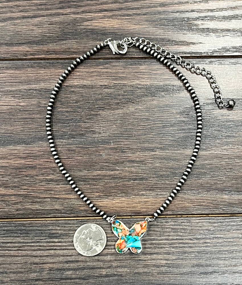 Navajo Butterfly Bezel Gemstone Necklace 15 To 20 Inches Silver Elegant