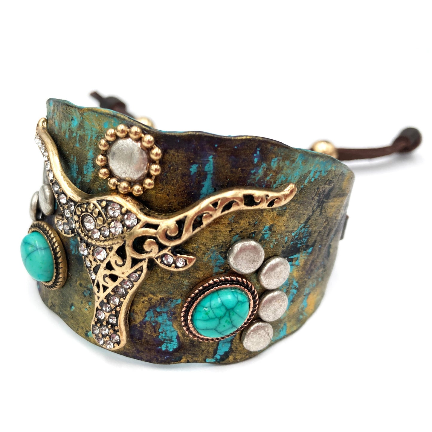 Longhorn Turquoise Western Cuff Bracelet with Adjustable Leather Straps Silver Elegant