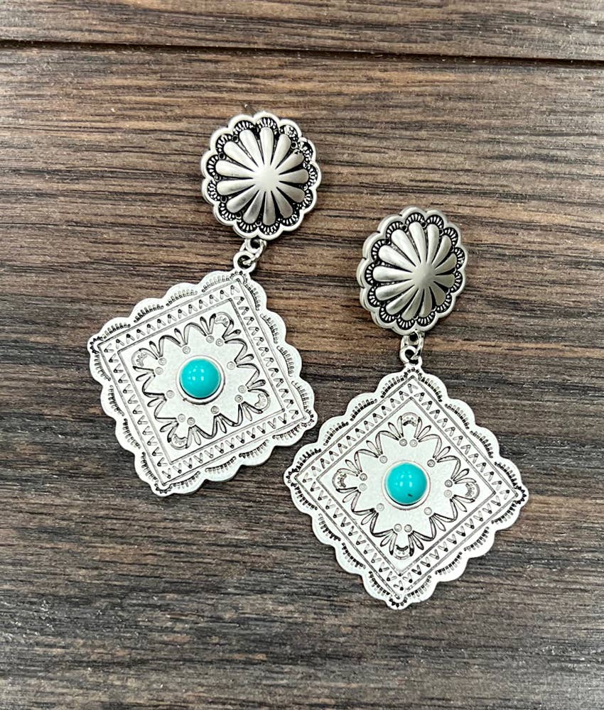 Concho Turquoise Post Earrings 2.5 Inch Brass Lightweight Silver Elegant