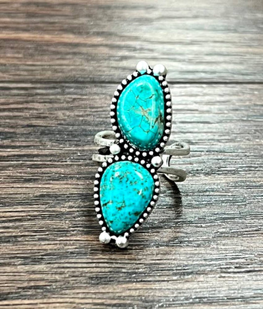 Boho Cowgirl Turquoise Adjustable Statement Cuff Ring with Brass Dual Band Silver Elegant