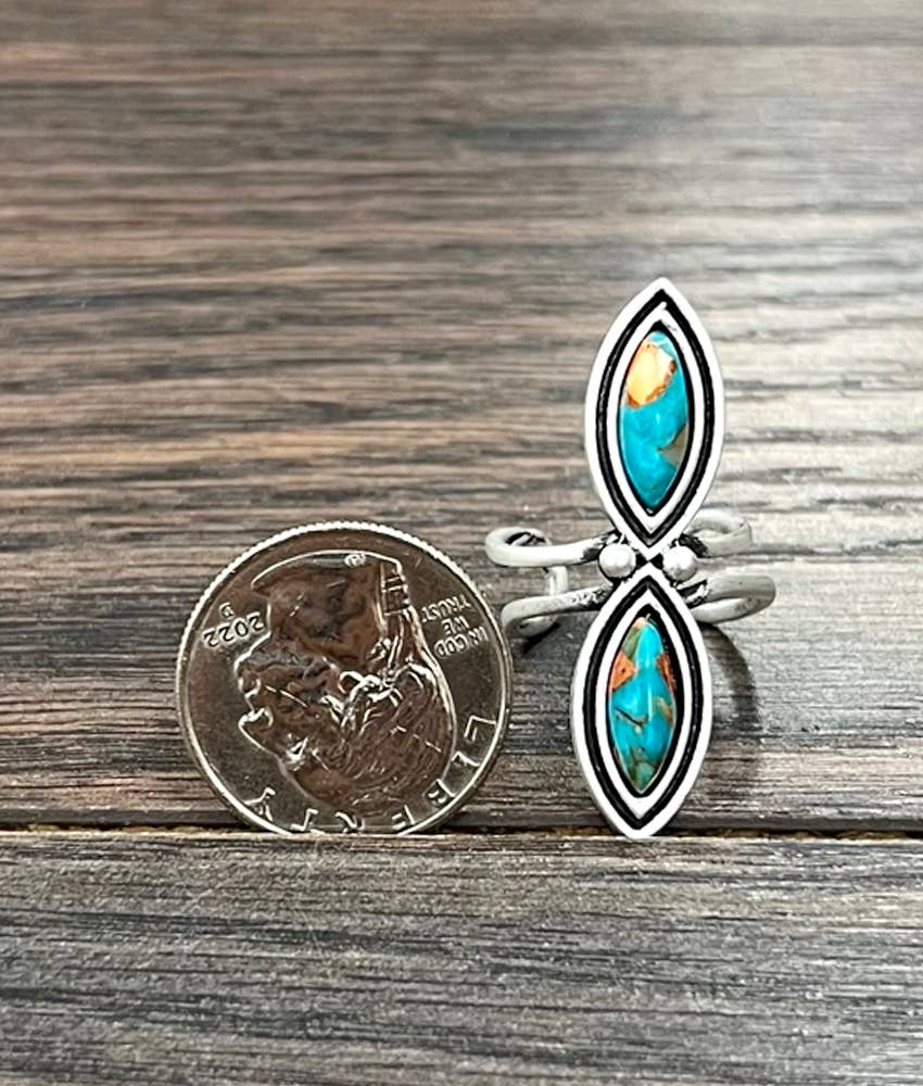 Gemstone Southwestern Boho  Adjustable Statement Ring with Unique Brass Band Silver Elegant