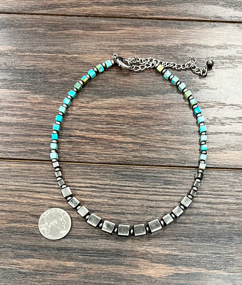 Handmade Square Gemstone And Navajo Bead Necklace 15 To 20 Inches Long Silver Elegant
