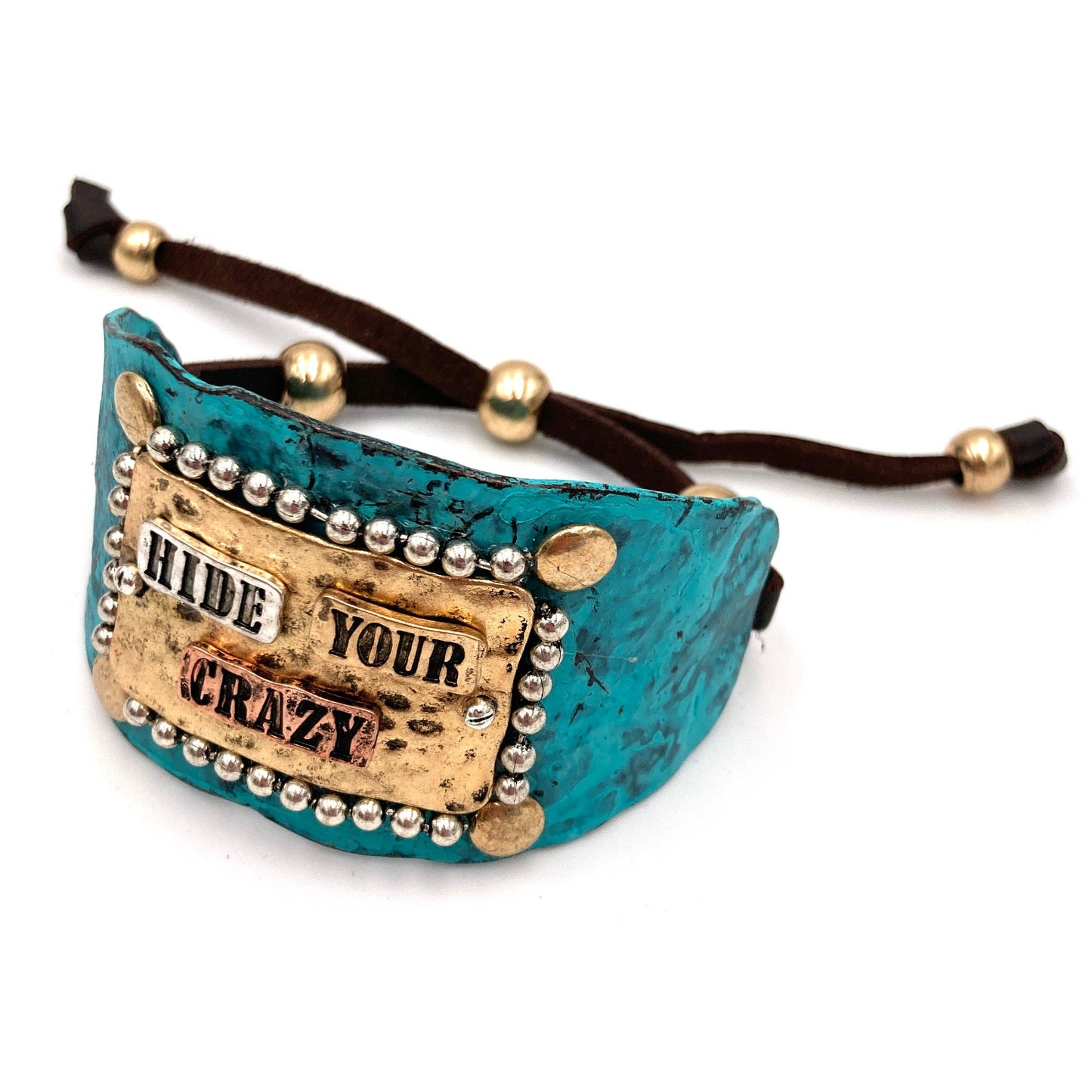 Hide Your Crazy Patina Western Bracelet Cuff with Adjustable Leather Strap WildWestBoho