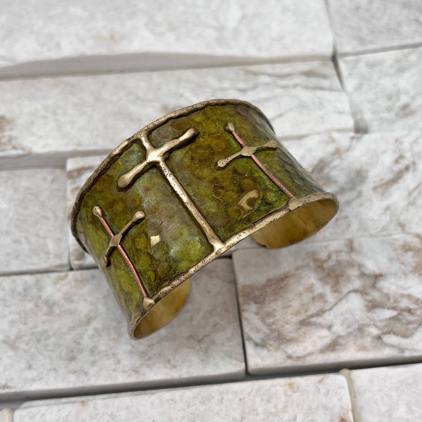 Brass Patina Cuff Bracelet Green Crosses Handcrafted Statement Jewelry Anju Jewelry