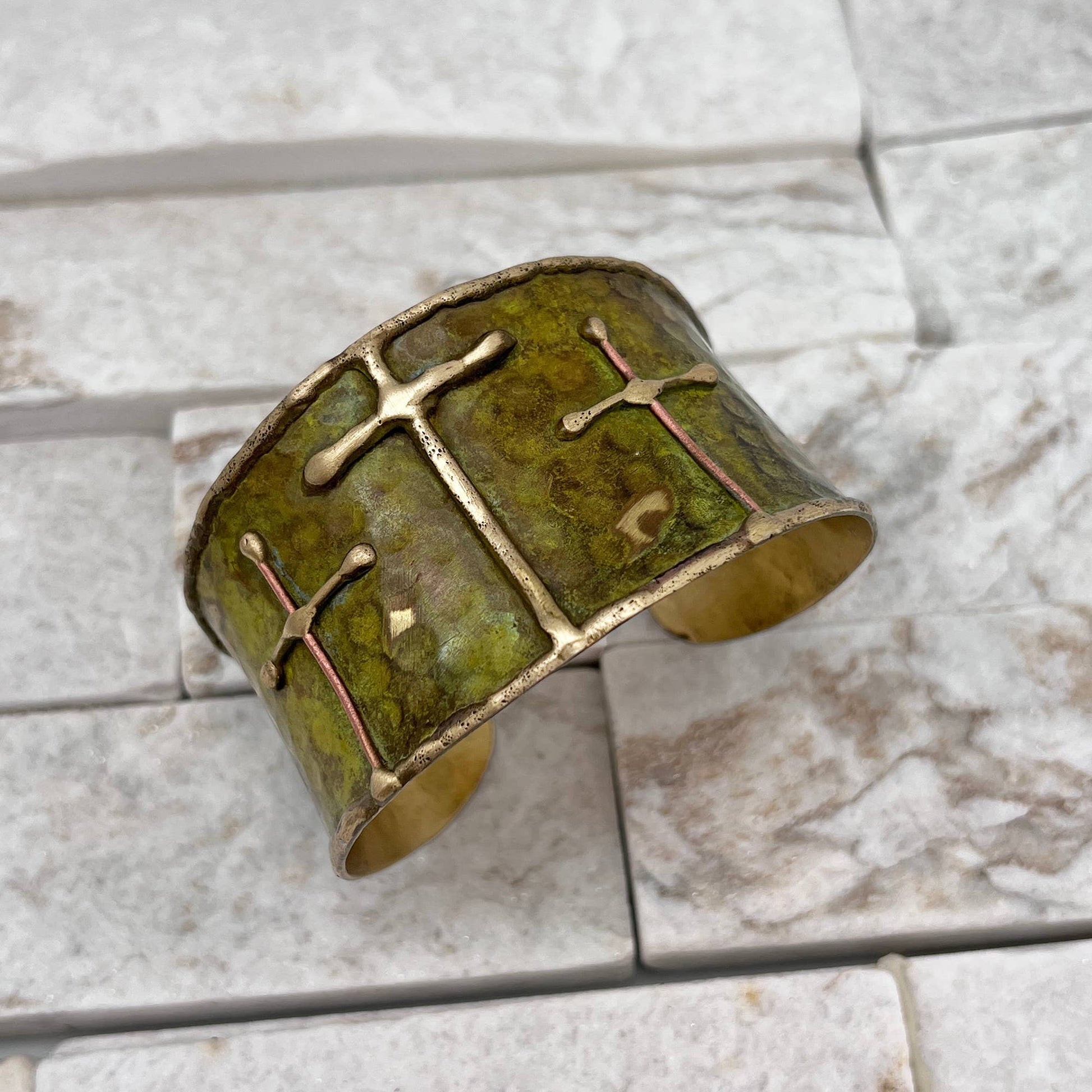 Brass Patina Cuff Bracelet Green Crosses Handcrafted Statement Jewelry Anju Jewelry