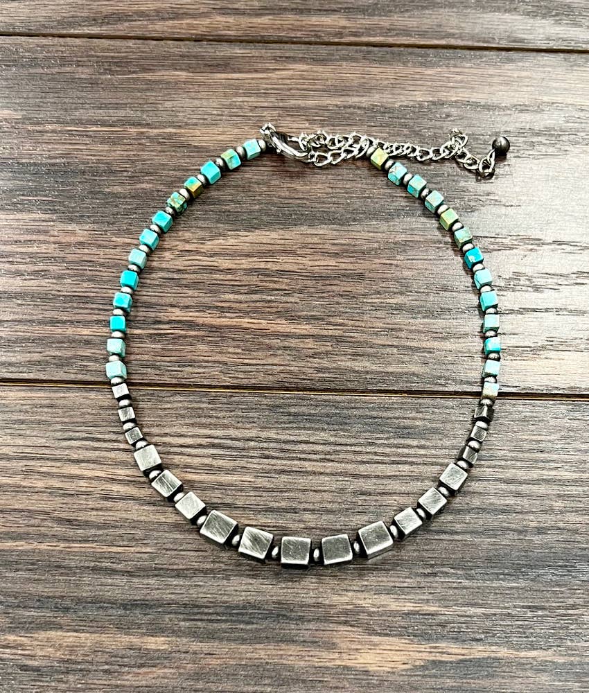 Handmade Square Gemstone And Navajo Bead Necklace 15 To 20 Inches Long Silver Elegant