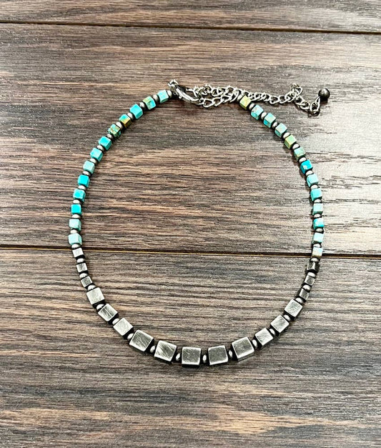 Handmade Square Gemstone And Navajo Bead Necklace 15 To 20 Inches Long Silver Elegant