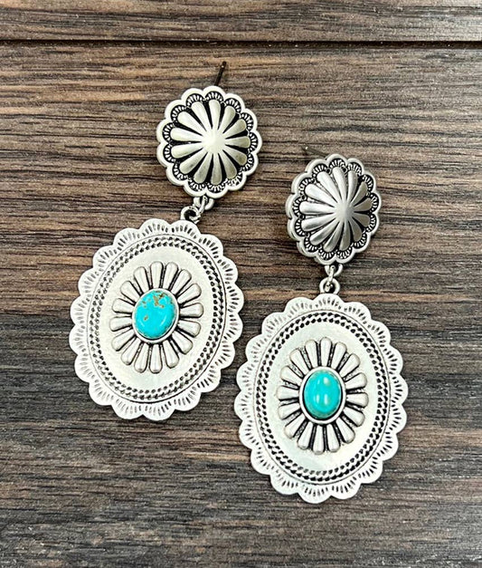 Concho Turquoise Post Earrings Brass 2.5 Inch Long Silver Elegant